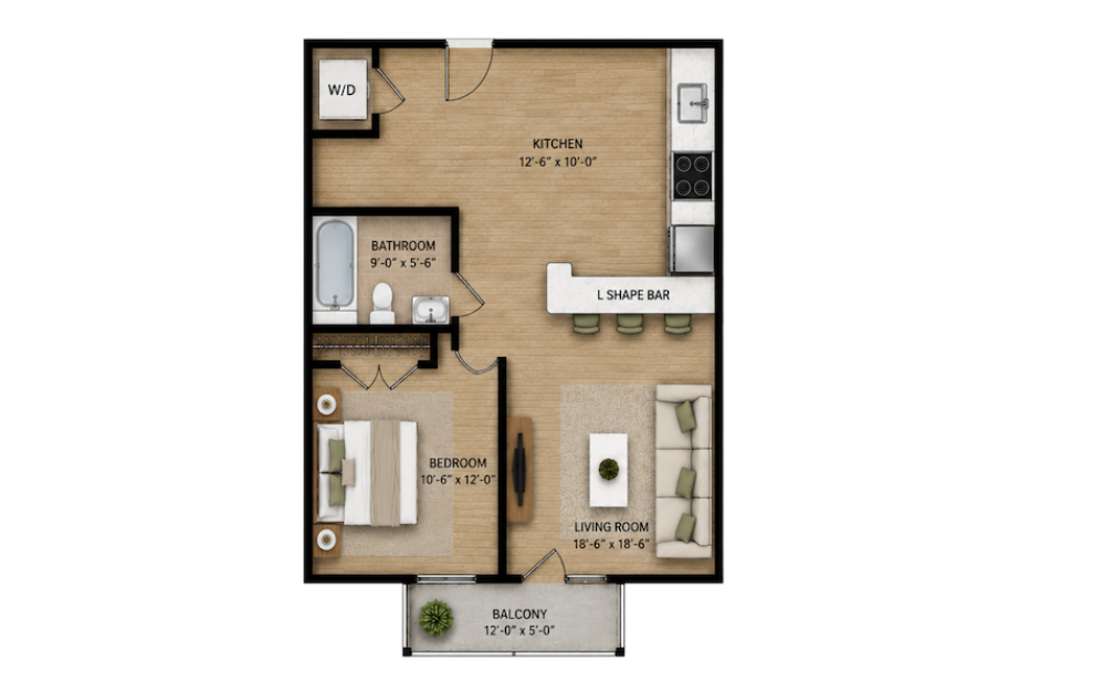 Ruby - 1 bedroom floorplan layout with 1 bathroom and 656 square feet